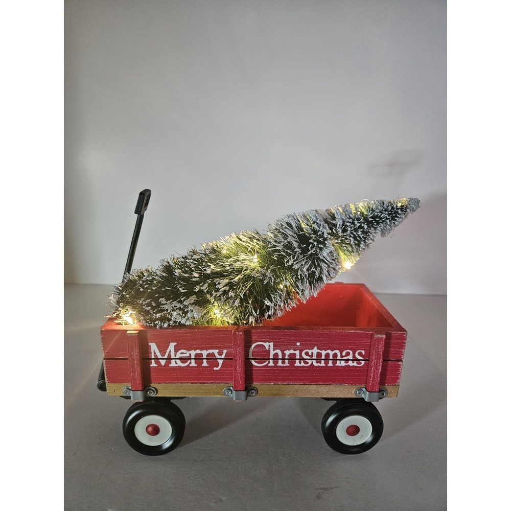 Rustic Wooden Merry Christmas Little Red Wagon Light Up Bottle Brush Tree Decor